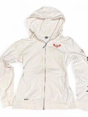 Y2K Roxy Canada Heart Graphic White Slim Zip Up Hoodie